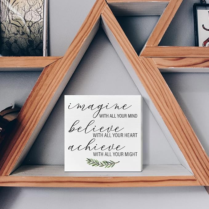 Home Office Desk Wooden Box Sign Decor, Imagine with All Your Mind, Inspirational Quotes Desk Decor Motivational Desk Decorations for Women Men Student Office Classroom School