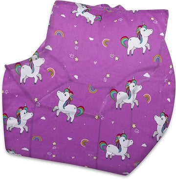 Posh Creations Structured Comfy Bean Bag Chair for Gaming, Reading, and Watching TV, Newport Chair, Canvas - Unicorn and Rainbows on Purple