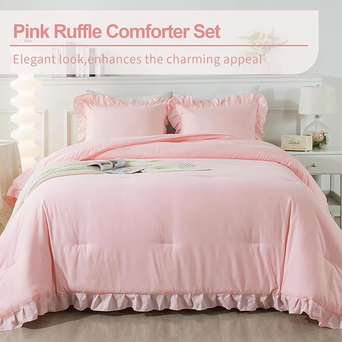 Andency Pink Comforter Set Full, 3 Pieces Lightweight Soft Rustic Pink Ruffle Comforter Women Girls, Solid Farmhouse Shabby Chic Microfiber Bedding Comforter Set