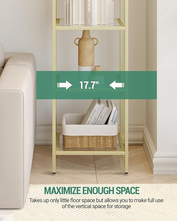 Bookcase Bookshelf, Tempered Glass Arched Bookshelf for More Storage, Slim Shelving Unit for Bedroom, Bathroom, Home Office, Steel Frame, 4 Tier Gold BC20499G