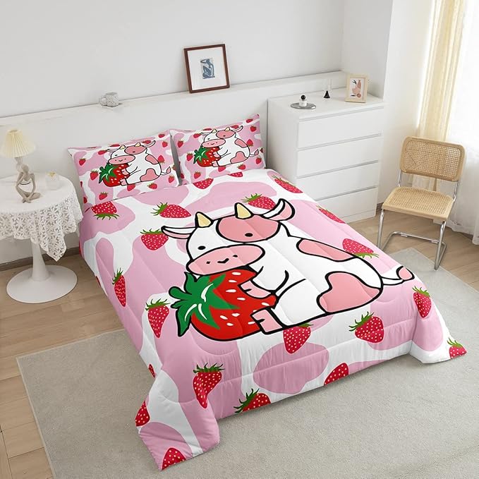 Feelyou Milk Cow Comforter Pink White Cow Strawberry Pattern Comforter Set Bedding Set for Kids Adults Kawaii Girls Milk Cow Print Duvet Set Ultra Soft Room Decor Queen Size Quilt Set