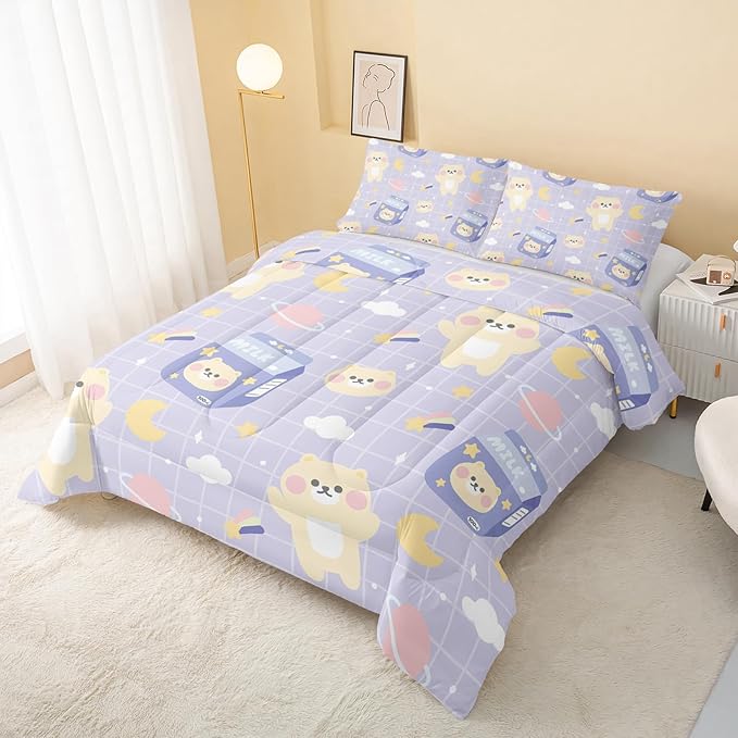 Bear Comforter Full Size,Kawaii Comforter Set for Kids Teens Girls,3Pcs Bedding Set Printed Comforter with 2 Pillowcases,Down Alternative,Soft and Lightweight(Purple，Full Size)