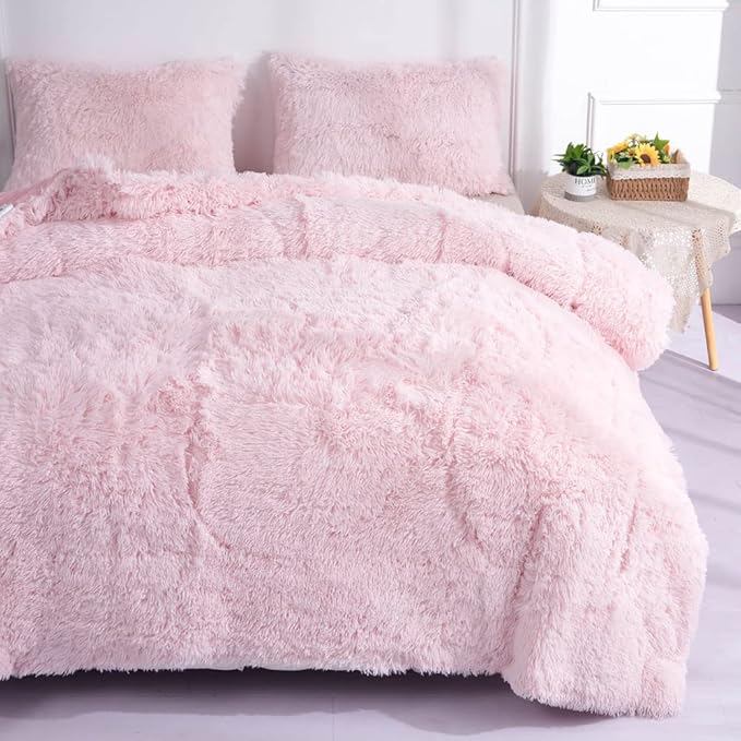 Faux Fur Kids Girls Light Pink Comforter Sets King - 3PC Bed Set Warm Comfortable Soft Plush Flannel Velvet Fluffy Fuzzy Bedding（Comforter x 1 Pillowcases x 2）