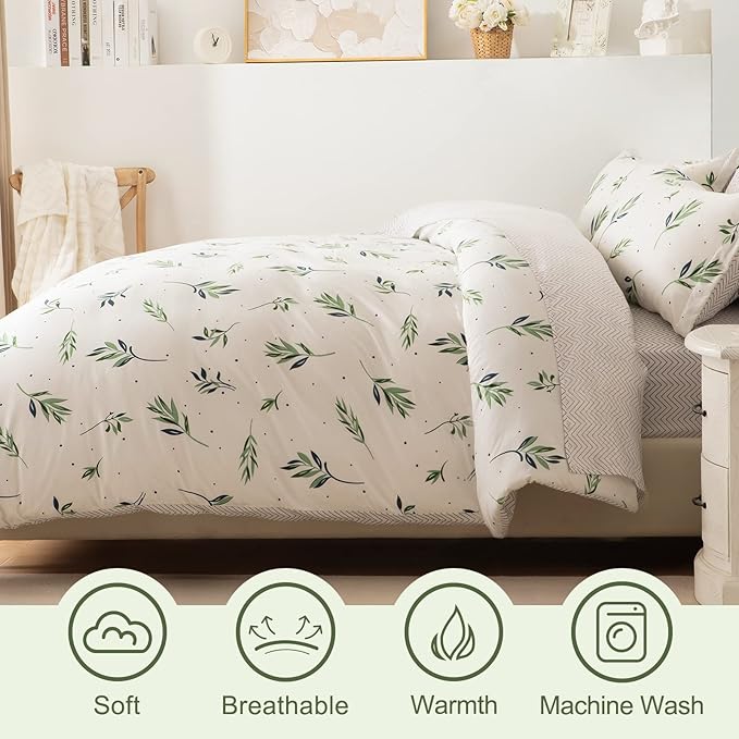 EMME King Comforter Set - Sage Green Floral Bedding Set 7 PCS with Nature Leaves Pattern, Soft Leaf Printed Botanical Bed Set with Sheets, Fluffy Bed Bag for All Season(102"X90")