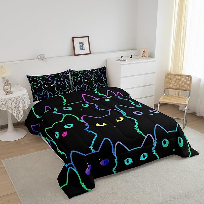 Erosebridal Full Size Bedding Set for Girls Cartoon Cat Comforter Set,Gradient Line Cute Cat Bed Sets for Kids Boys Girls Women Room Decor,Lovely Animal Kitten Print Comforter Soft,Rainbow Black
