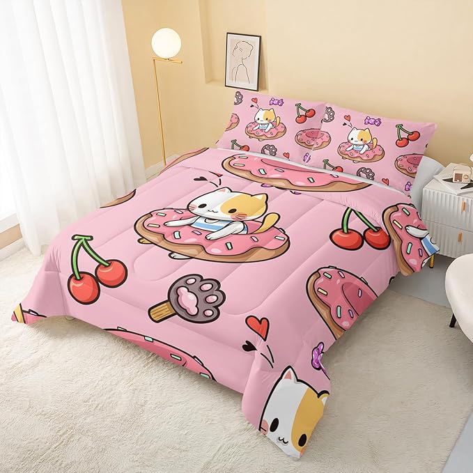 Kawaii Cat Comforter Queen Size,Doughnut Cherry Cat Comforter Set for Kids Teens Girls,3Pcs Bedding Set Printed Comforter with 2 Pillowcases,Soft and Lightweight(Pink，Queen Size)