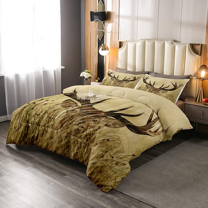 Christmas Antler Comforter Set Queen, Whitetail Deer Down Comforter, Stag Quilted Duvet, Countryside Rural Hunting Theme Comforter Set for Living Room Bedroom Decor All Season, Ultra Lightweight