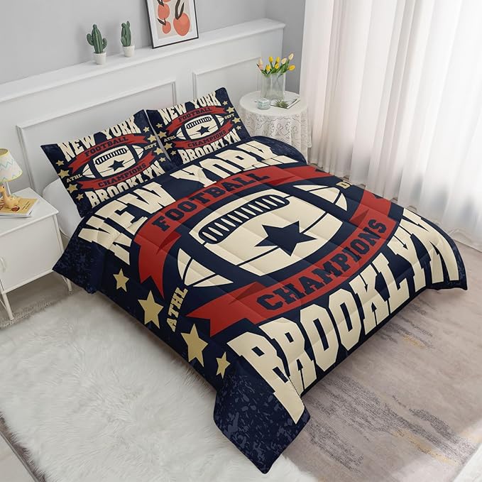Datura home Football Comforter Sets for Boys Kids,Red Blue Theme Beige Football Championship,Duvet 3Pcs in Quilt Sets with 1 Comforter and 2 Pillowcases All Season(Red Queen)