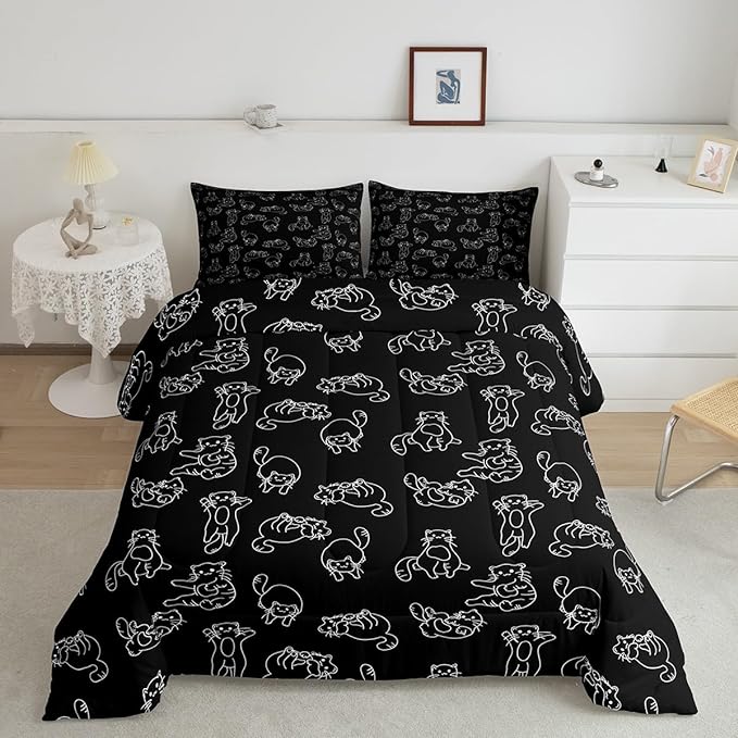 Feelyou Cartoon Cat Bed Sheet Set Cute Pet Cats Kids Comforter Set Animal Pattern Printed Bedding Set Set for Boys Room Decor Kitten Print Bed Cover Twin Size with 2 Pillow Case