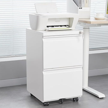 2 Drawer Mobile Lock and Casters,Pre-Assembled Metal Office Storage Filing Cabinets w/Anti-Dumping Fifth Round,for Letter/Legal/A4 Size,White