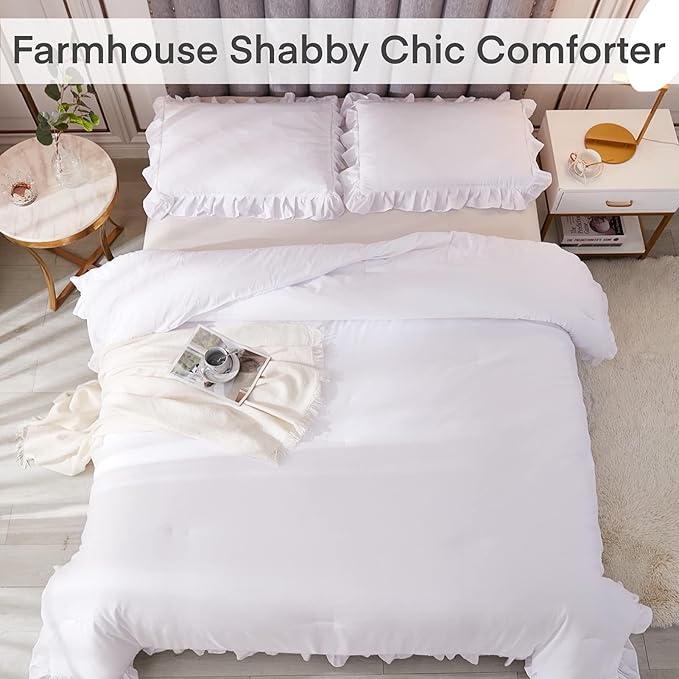 Andency White California King Comforter Set, 3 Pieces Shabby Chic Ruffle Solid Cal King Bedding Sets, Oversized All Season Soft Lightweight Down Alternative Bed Set for Adults Men Women