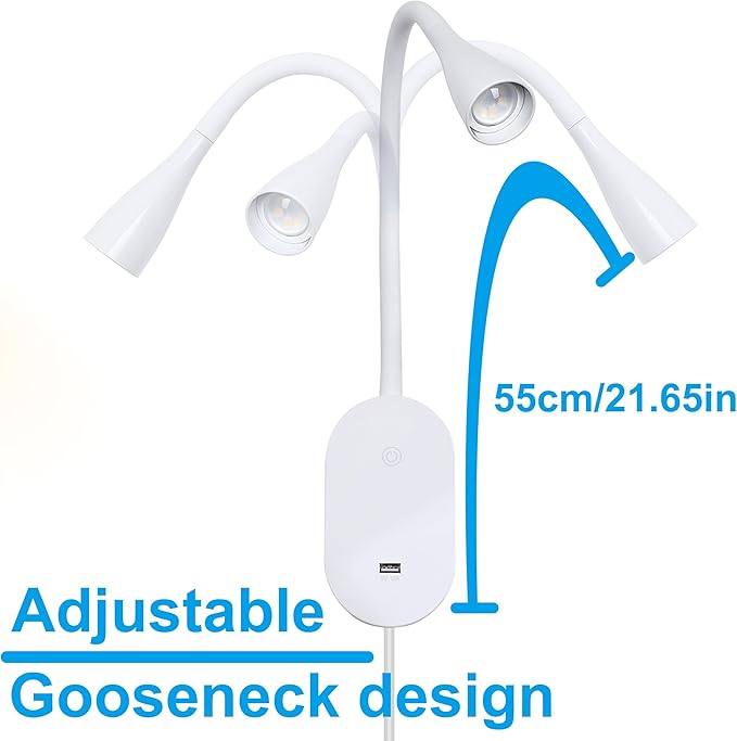 QinYing Reading Lights for Books in Bed, Wall Mounted Book Light for Reading in Bed, USB Charging 5 Dimming Levels Headboard Reading Lamp, Touch Control LED Flexible Gooseneck 4000k Bed Lights, White