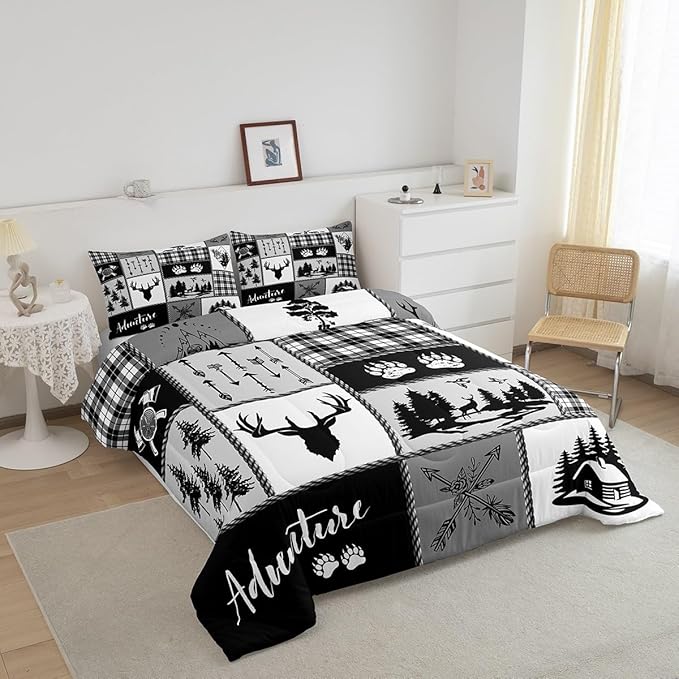 Manfei Deer Bear Comforter Set Twin Size,Pine Trees Christmas Bedding Set for Kids Boys Girls Adults Room Decor,Camping Adventure Rustic Farmhouse Down Comforter,Black Retro Duvet Insert,1 Pillowcase
