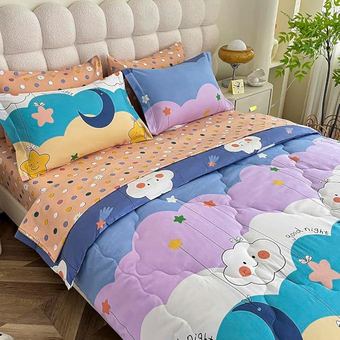 Kids Moon Stars Cloud Comforter Set Twin size - 7 Piece Rainbow Kawaii Bedding Set Bed in A Bag for Girls Boys Teens - Goodnight Moon Neutral Soft Comfortable Machine Washable Bed Set
