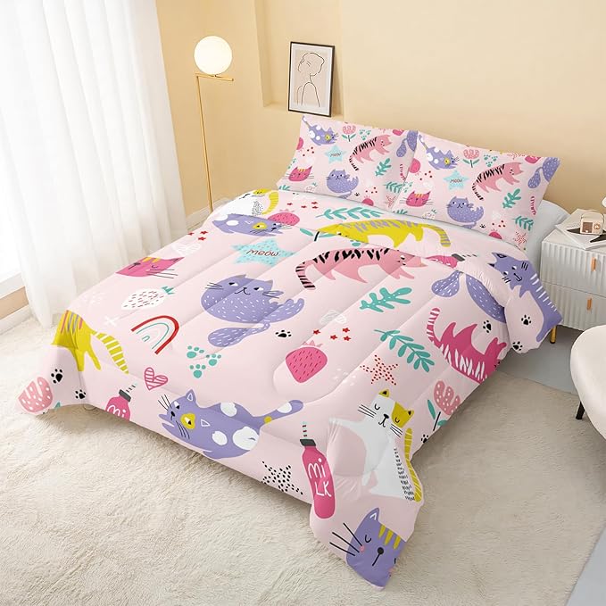 Kawaii Cats Comforter Queen Size,Pink Cats Kids Comforter Set,3Pcs Bedding Set Printed Comforter with 2 Pillowcases,Down Alternative,Soft and Lightweight,for All Seasons