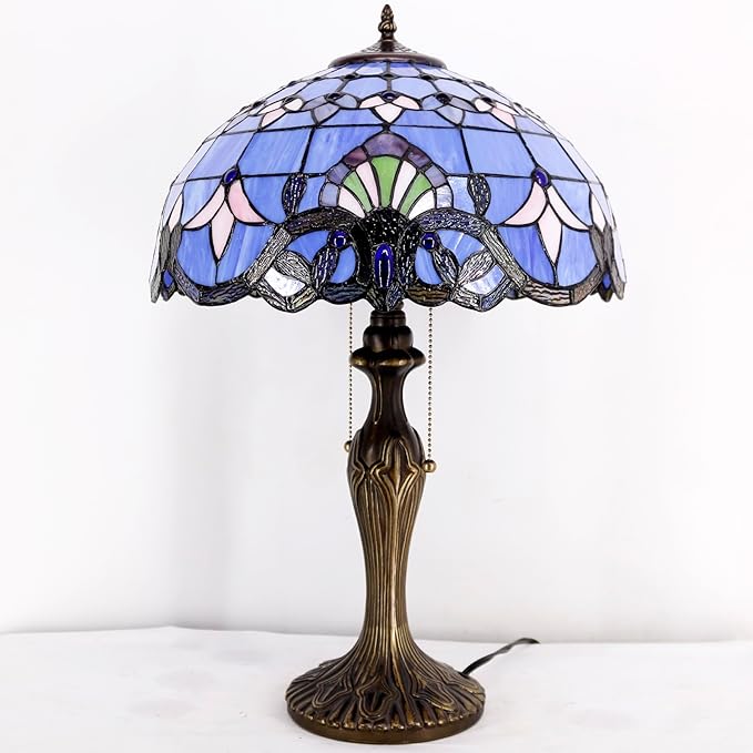 WERFACTORY Tiffany Lamp Blue Purple Stained Glass Baroque Table Lamp Lavender Style Bedside Desk Light Metal Base 16X16X24 Inches Decor Bedroom Living Room Home Office S003C Series (Blue Baraque)