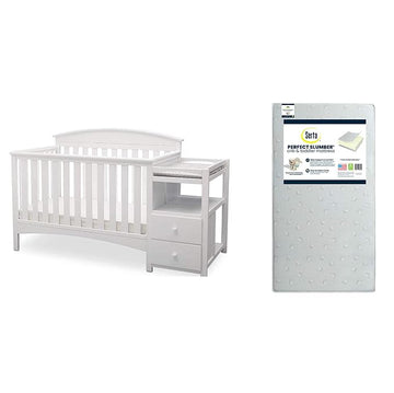 Delta Children Abby Convertible Crib 'N' Changer, Bianca + Serta Perfect Slumber Dual Sided Recycled Fiber Core Crib and Toddler Mattress (Bundle)