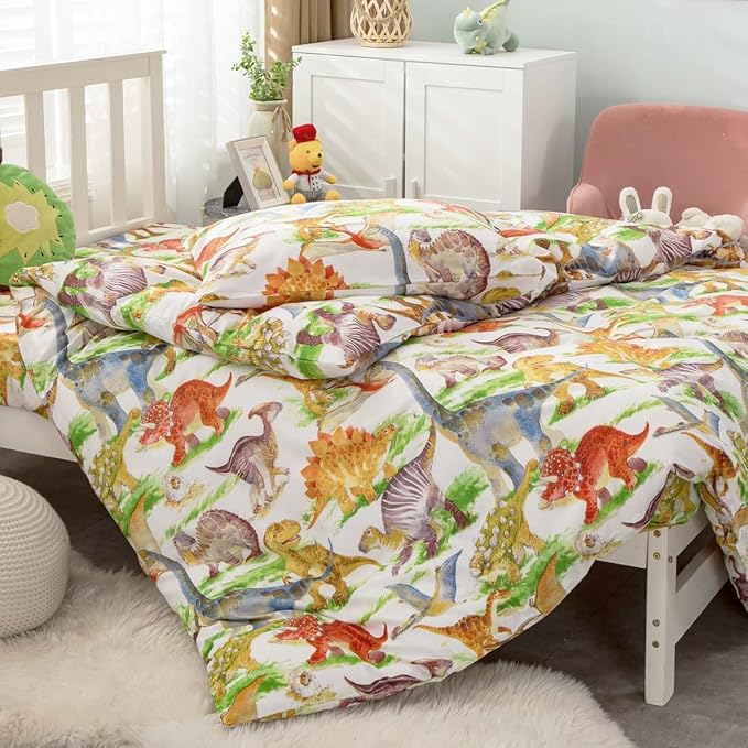 Feelyou Kids Dinosaur Comforter Set Queen Size Boys Girls Watercolor Cute Dino Bedding Set Ultra Soft Lightweight Jungle Animal Pattern Comforter for Children (1 Comforter + 2 Pillowcases, Queen)