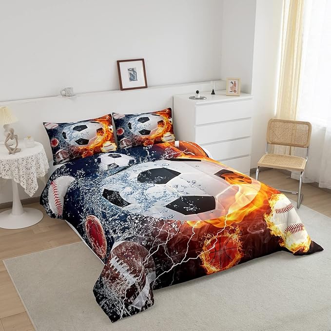 Erosebridal Boys Soccer Bedding Set Football Sports Full Comforter Set for Kids Teens Youth Bedroom Decor Lightning Baseball Quilt Duvet Water Fire Basketball Comforter with 2 Pillow Cases Red Blue