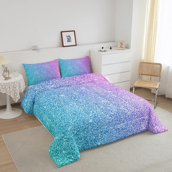 Colorful Glitter Bedding Full Girly Turquoise Teal Blue Pink Pastel Girls Comforter Set 3 Pcs Trendy Quilt Duvet for Kid Women Down Comforter with Sparkle Sequin Pattern Bling Bedroom Decor Bed Cover