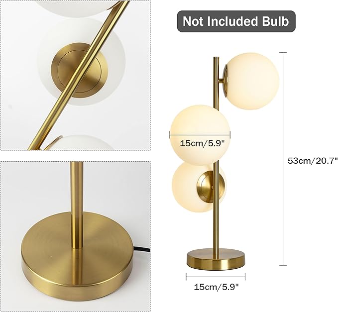 Mid Century Table Lamp, Modern 3 Lamp Gold Desk Lamp Retro with White Frosted Glass Lampshade Adjustable Brightness, Suitable for Desk Lamp Bedrooms, Living Rooms, Study, Library