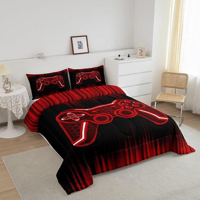 Feelyou Gamer Comforter Set King Size Kids Game Controller Comforter for Boys Teens Red Black Bedding Set Gaming Duvet Set Room Decor Quilt Set