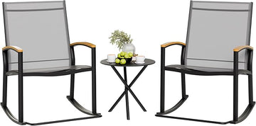 Shintenchi 3 Piece Outdoor Rocking Bistro Set, Textilene Fabric Small Patio Furniture Set, Front Porch Rocker Chairs Conversation Set with Table for Lawn, Garden, Balcony, Poolside (Light Gray)