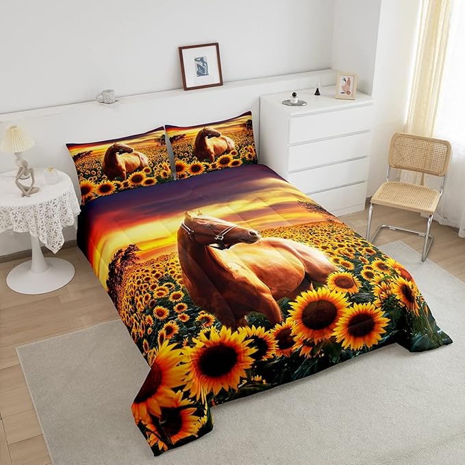 3D Horse Comforter Set for Kids Boys Wild Animal Down Comforter Girls Teen Adult Women Sunflower Quilted Duvet Brown Horse Bedding Comforters Cowboys Farmhouse Comforter with 1 Pillowcase, Twin Size