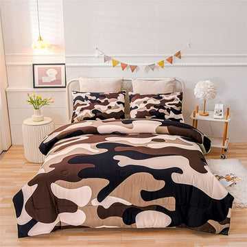 Meeting Story Camouflage Bedding Set, Colorful Pattern Style Queen Comforter Set, 3 PCS One Comforter and Two Pillowcases in One Bag, All Season Bedspread for Kids Teens Adults (Coffee, Queen)