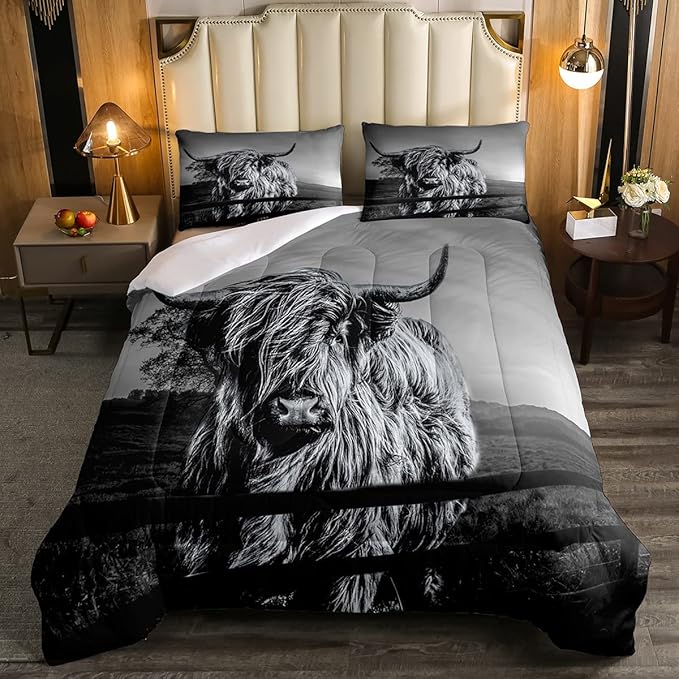 Highland Cow Bedding Set Queen Size Grey Bull Cattle Comforter Set Funny Farmhouse Wildlife Animal Duvet Set for Kids Boys Girls Teens Western Cowboy Style Down Comforter Adult Bedroom Decor