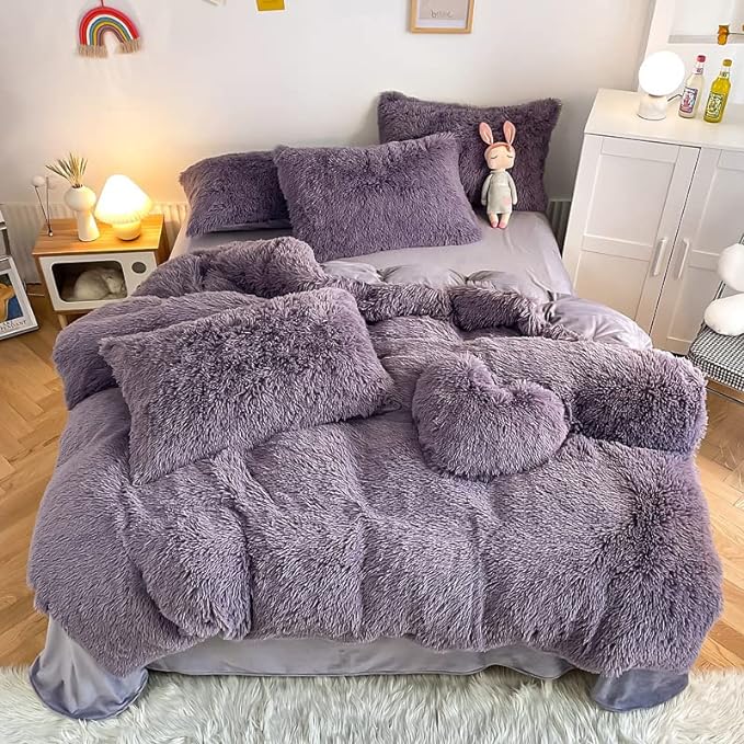 Faux Fur Kid Girls Purple Comforter Sets Queen - 3PC Bed Set Warm Comfortable Soft Plush Flannel Velvet Fluffy Fuzzy Bedding（Comforter x 1 Pillowcases x 2）