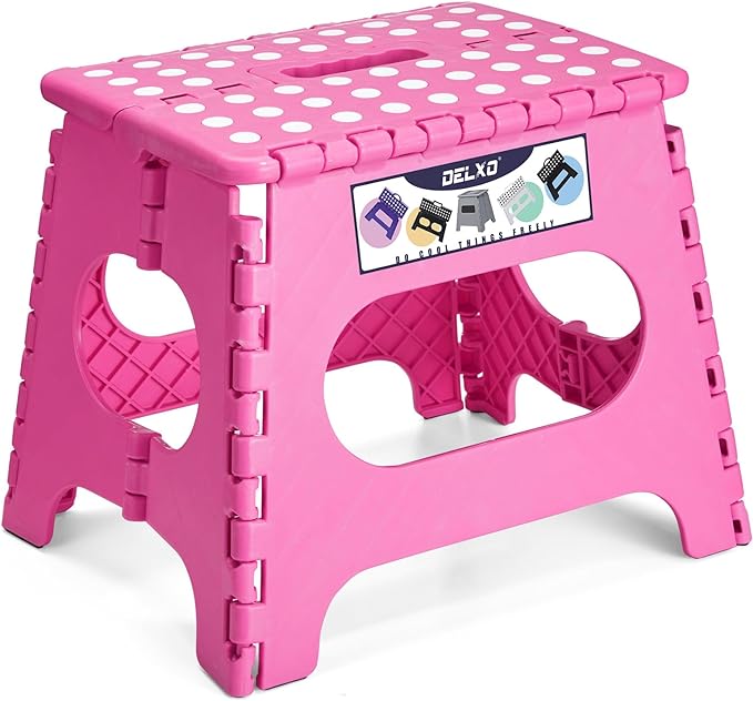 Delxo Folding Step Stool,11 Inch Non-Slip Foldable Step Stools for Kids and Adults,Portable Foldable Step Stool Lightweight Small Folding Stool with Handle for Kitchen Bathroom in Pink,1 Pack