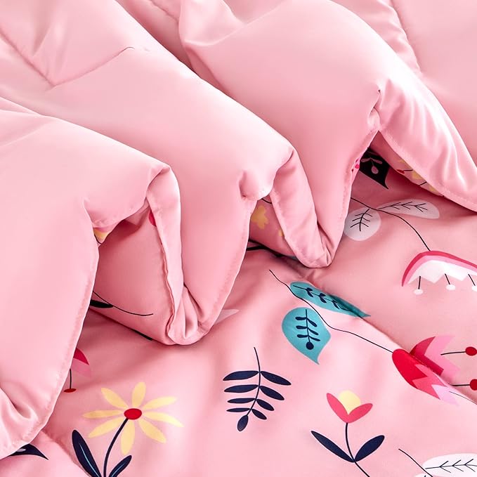 SLEEP ZONE Kids Bedding Comforter Set Full/Queen Size - Super Cute & Soft Kids Bedding 7 Pieces Set with Comforter, Sheet, Pillowcase & Sham (Pink Flower)