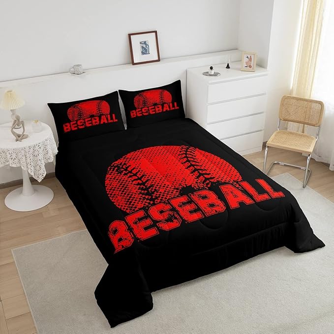Erosebridal Kids Baseball Twin Size Bedding Set Red Black Sports Comforter Set for Boys Girls Teen,Reversible Black Quilt Comforter Soft Lightweight for All Season,1 Comforter and 1 Pillow Case