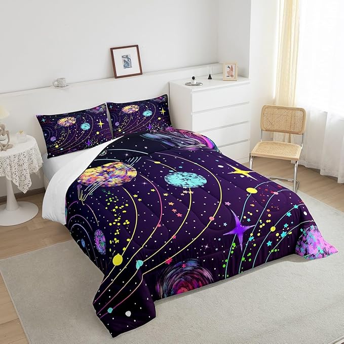 Feelyou Solar System Comforter Set Queen Size Outer Space Comforter for Kids Teens Adults Universe Planets Bedding Set Cute Astronaut Purple Duvet Set Room Decor 3Pcs with 2 Pillow Case