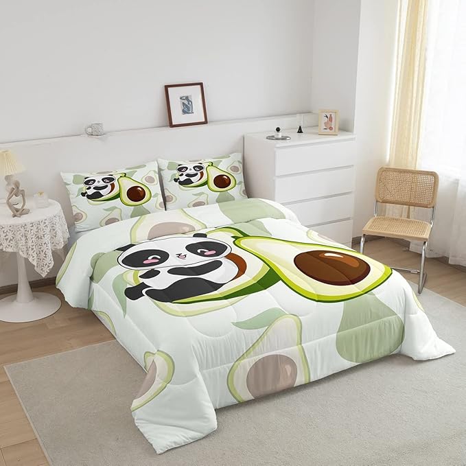 Kids Cute Panda Bedding Set Twin Kawaii Avocado Comforter Set for Boys Girls Bedroom Dorm Decor,Fruit Cartoon Exotic Animal Bedding Comforter Sets Giant Panda Bed Quilt Sets 2 Pcs Green Black White