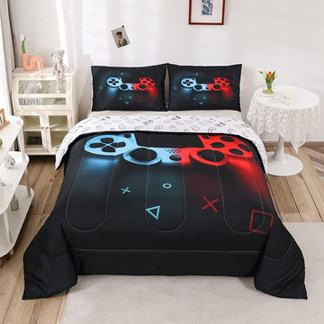 Erosebridal Boys Gamepad Comforter Set Queen,Play Gamer Bedding Set Kid Young Man Video Games Down for Teen Child Game Room Decor Black Classic Retro Gaming Quilt Duvet Set with Controller Button