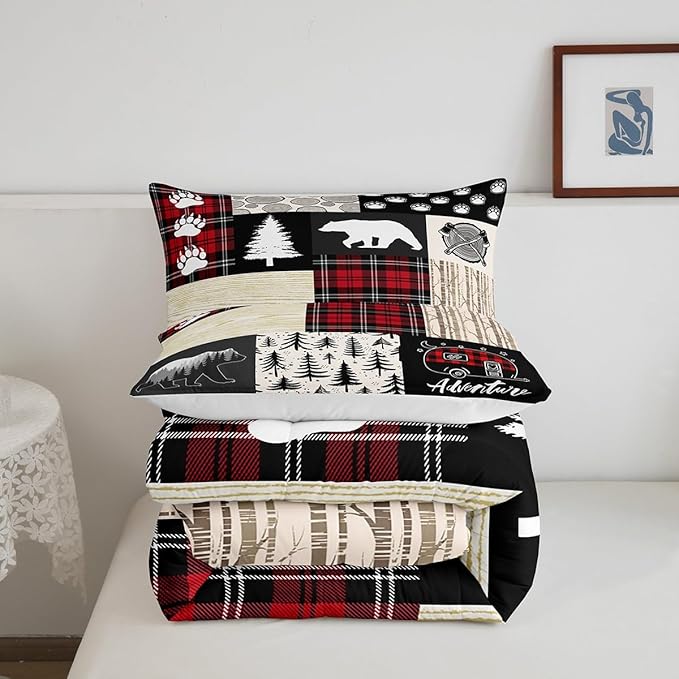 Bear Comforter Set Full Size,Pine Trees Animals Hunting Bedding Set for Kids Boys Girls Adults Room Decor,Camping Adventure Rustic Farmhouse Down Comforter,Red Plaids Duvet Insert,2 Pillowcases