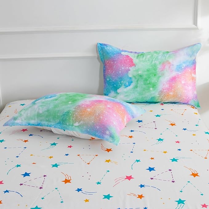 A Nice Night Galaxy 6pcs Kids Bed in a Bag Outer Space Comforter 3D Printed Space Quilt Set Glitter Pink Green Color,for Children Boy Girl Teen Kids,Twin