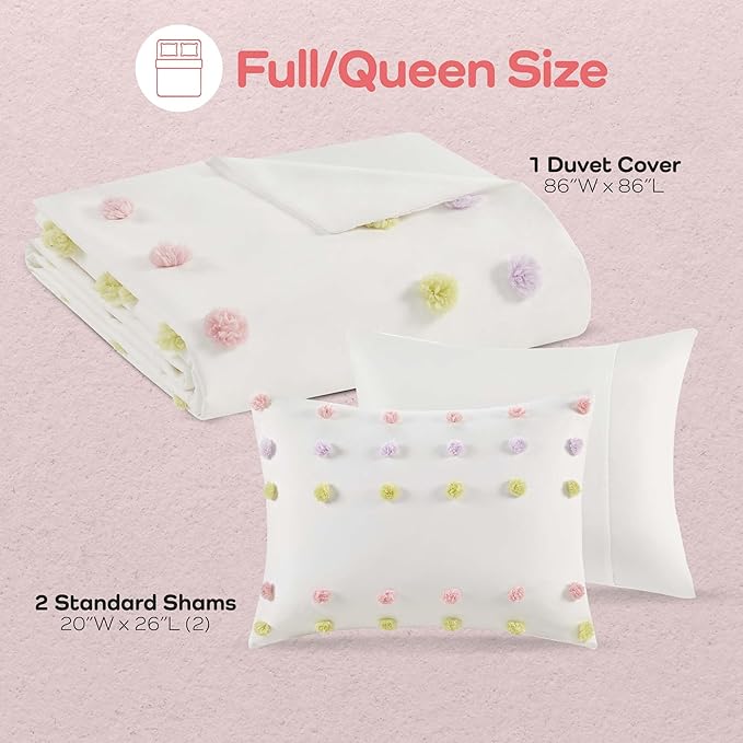 Mi Zone Kids Queen Duvet Cover Set, Fun and Adorable Multi-Color Clipped Jacquard Pompom Bedding, All Seasons Soft Microfiber Cozy & Breathable Duvet Cover, Sham, Cora, Full/Queen Pink Multi 3 Piece