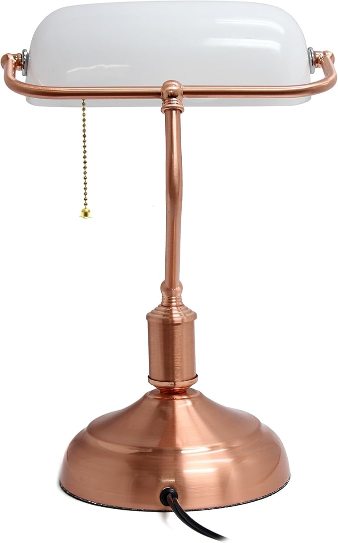 Simple Designs LT3216-RGD Executive Banker's Desk Lamp with White Glass Shade, Rose Gold
