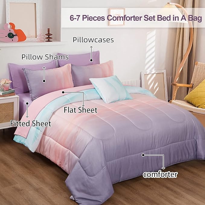 Girls Comforter Set Queen Size Colorful Ombre Blue Pink Purple Rainbow Bedding Set 7 Pieces Bed in A Bag for Kids Teen Girls Women with Comforter, Flat Sheet, Fitted Sheet
