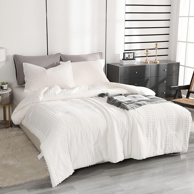 ENJOHOS Girls Twin Bedding Set White Twin XL Comforter, 3 PCS Boho Comforter with Tufted Dots, Shabby Chic Bedding Comforter for All Season, Lightweight Fluffy Microfiber Comforter with 2 Pillowcases