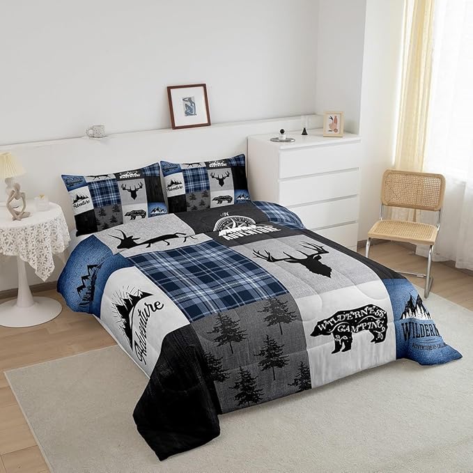 Deer Antler Bear Kids Comforter Set Full Size,Hunting Adventure Bedding Set for Boys Girls Adults Room Decor,Geometric Plaids Patchwork Down Comforter,Rustic Farmhouse Duvet Insert,2 Pillowcases