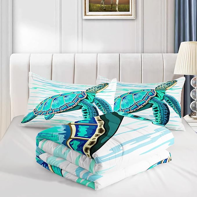 CVHOUSE Sea Turtle Bedding Set,Sea Turtle Comforter Twin,Ocean Bohemia Comforter Set for Boys Kids Girls,Ocean Quilt Set with 1 Comforter and 2 Pillow Cases