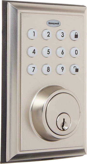 Honeywell Safes & Door Locks BLE Electronic Entry Deadbolt with Keypad, Square Faceplate, Satin Nickel