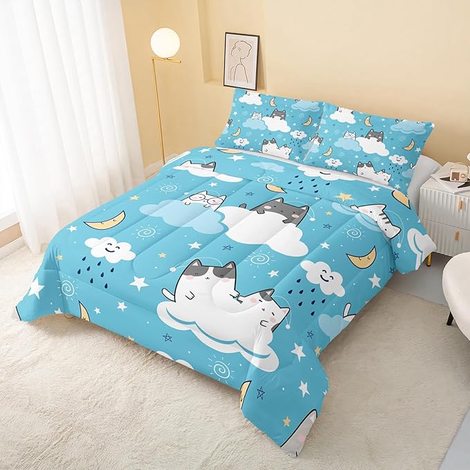 Cat Comforter Full Size,Blue Cloud Cats Comforter Set for Kids Teens Girls Boys,3Pcs Bedding Set Printed Comforter with 2 Pillowcases,Down Alternative,Soft and Lightweight，Full Size