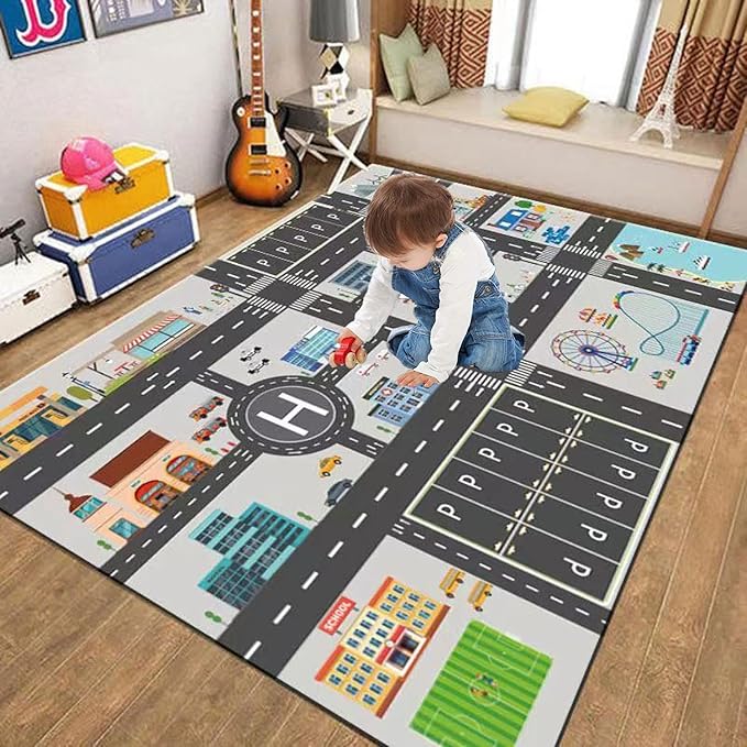 Kids Rug Play Mat Great for Playing with Cars and Toys,Educational Kid Road and Traffic City Life Carpet,Children Baby Fun Throw Rug for Bedroom Play Room,31X63Inch/80X160CM