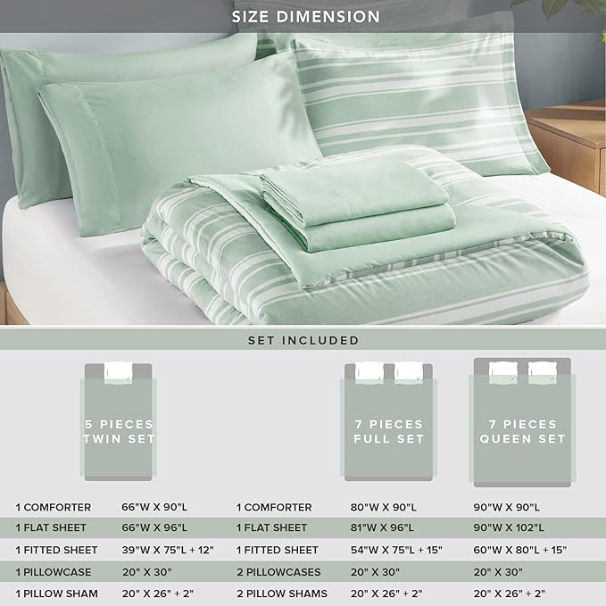 Codi Full Size Comforter Set with Sheets, Sage Green Bed in a Bag for Teen, 7 Piece Striped Bed Sets for All Seasons with 1 Comforter, 2 Pillow Shams, Flat Sheet, Fitted Sheet and 2 Pillowcases