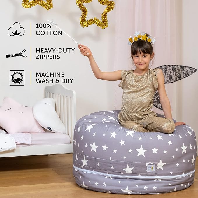2 Sizes in 1 Stuffed Animal Storage Bean Bag Chair Cover for Kids & Adults | Washable XL Stuffie Seat | 100% Cotton | Pouf Organizer for Plush Toys, Linens, Quilts & Pillows | Twinkle Twinkle
